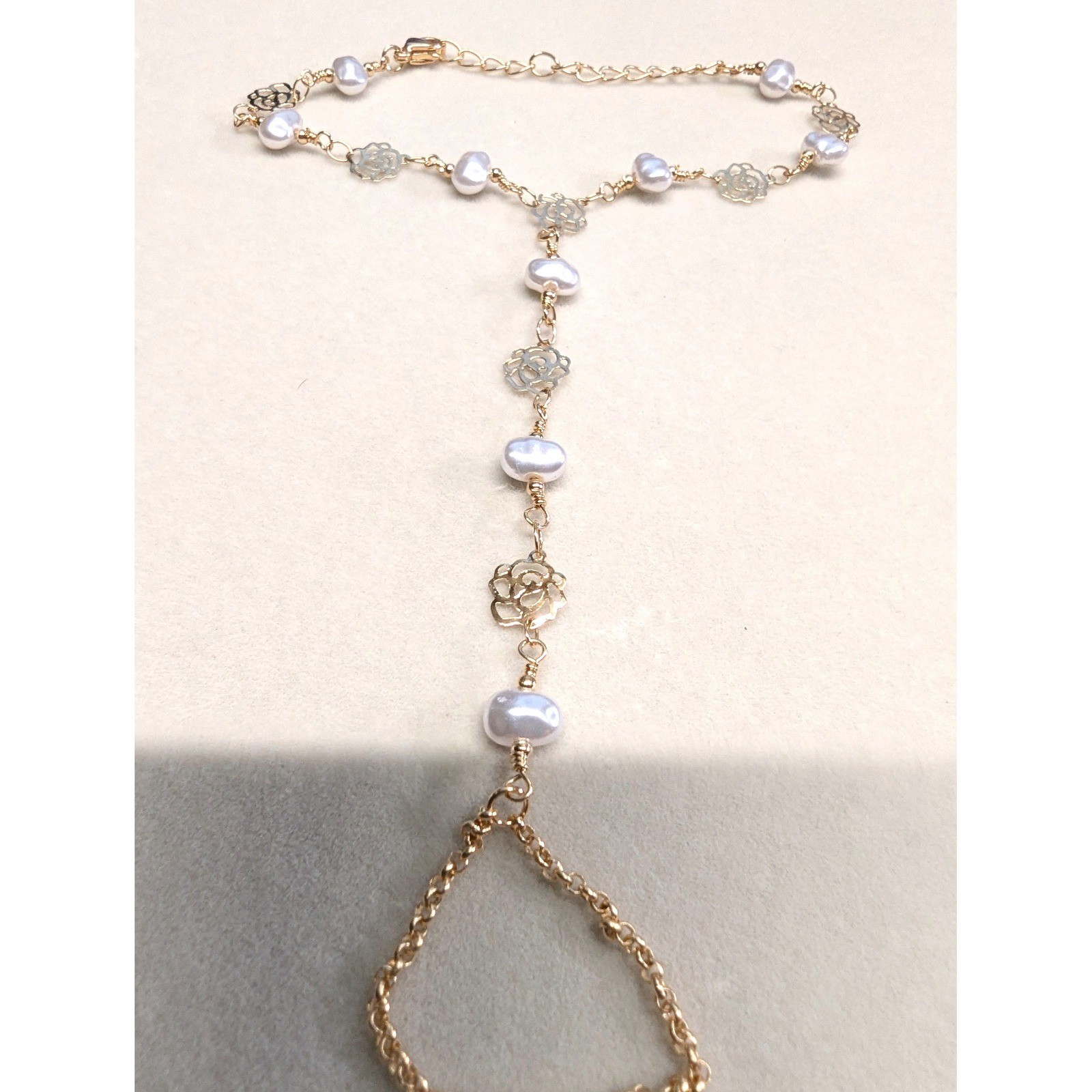 New Hand Slave Bracelet Ring 14K GP Gold PLated Faux Pearl Rose Filigree Boho