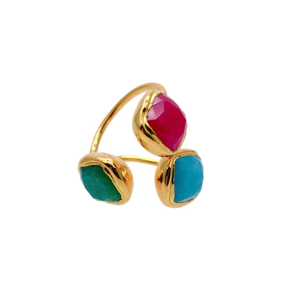 Green Blue Red Jade Gold Plated Adjustable Ring Handmade Jewelry