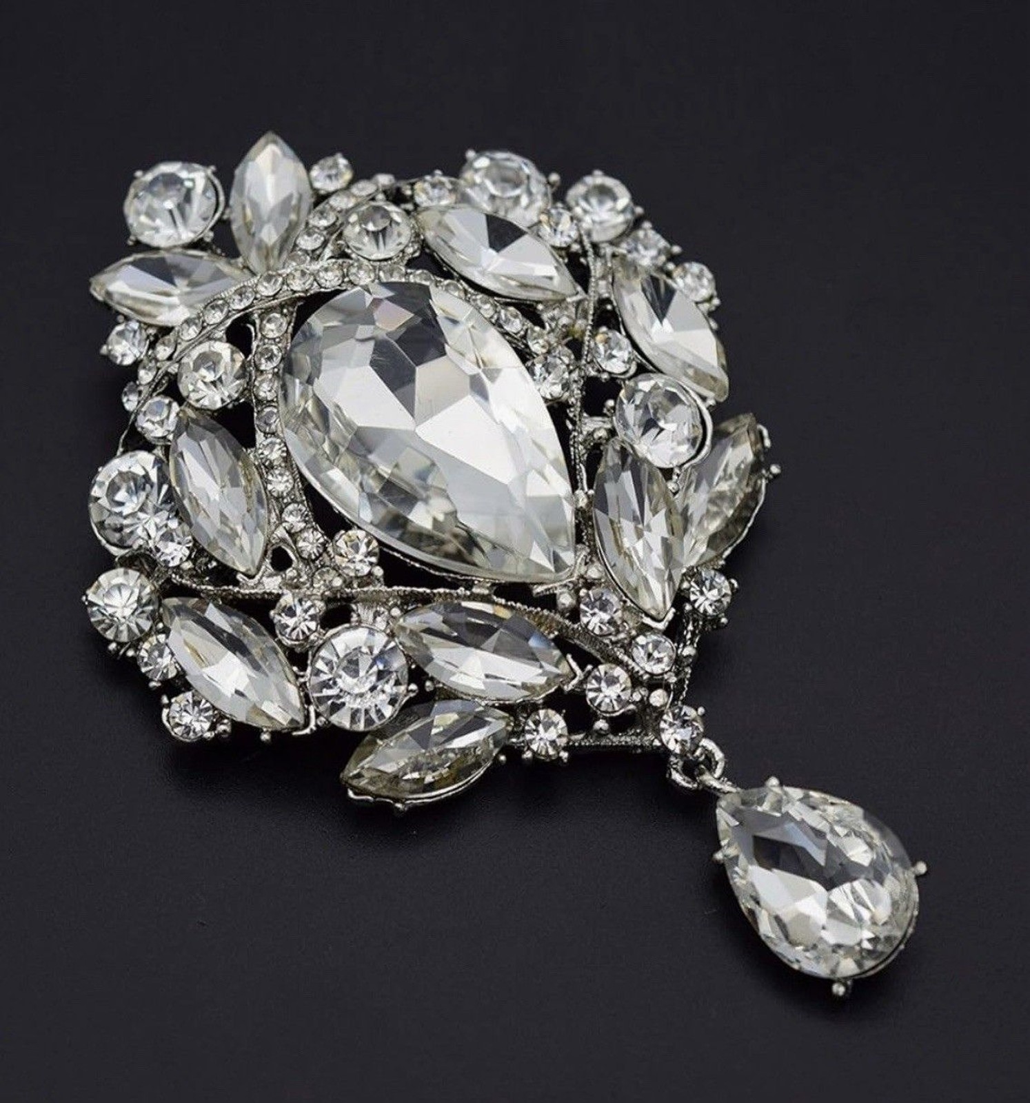 Crystal Pin Large Dangle Drop Bridal Bouquet Silver Tone Brooch Fashion DIY