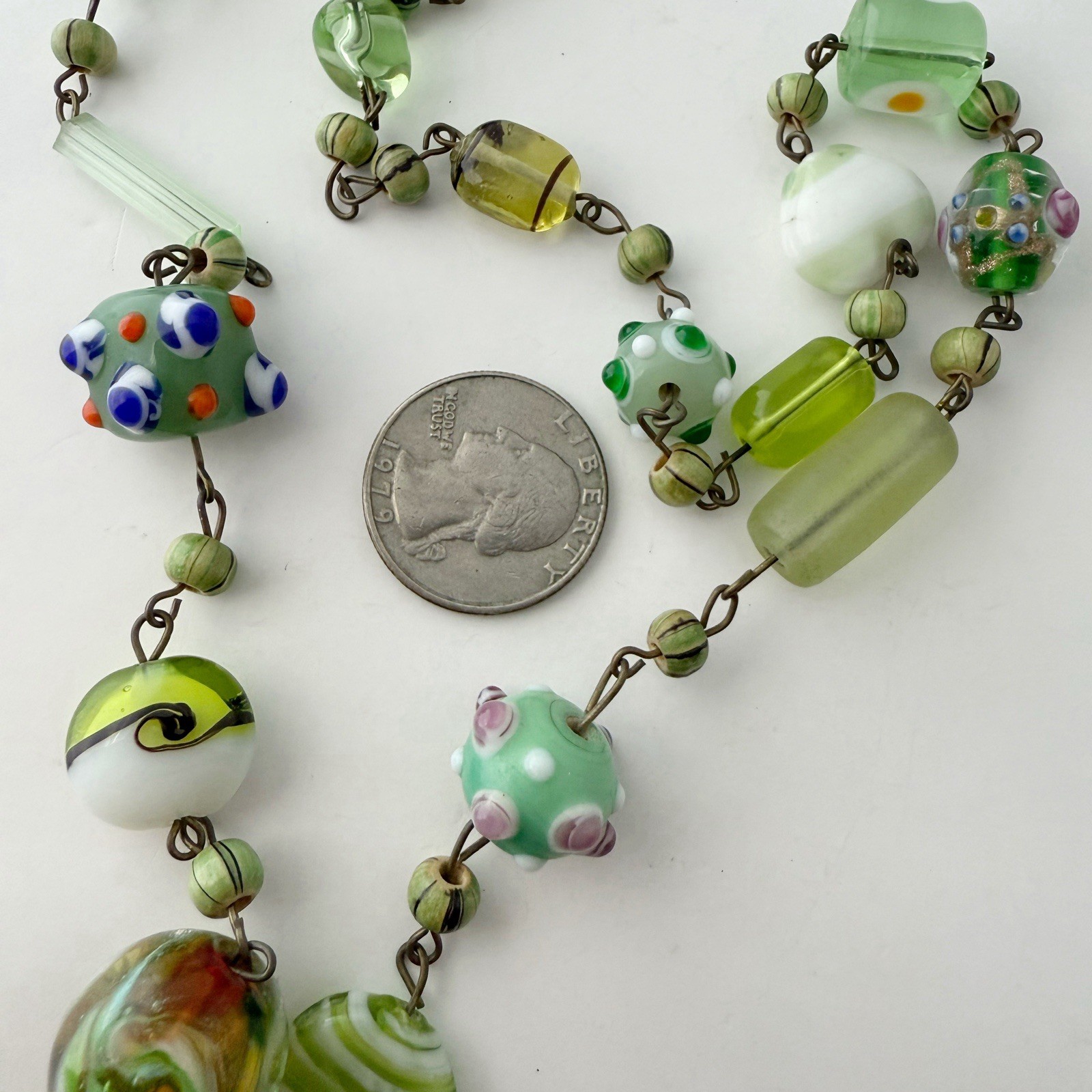 Vintage Green Multicolor Lampwork Art Glass Beaded Heart Drop Necklace