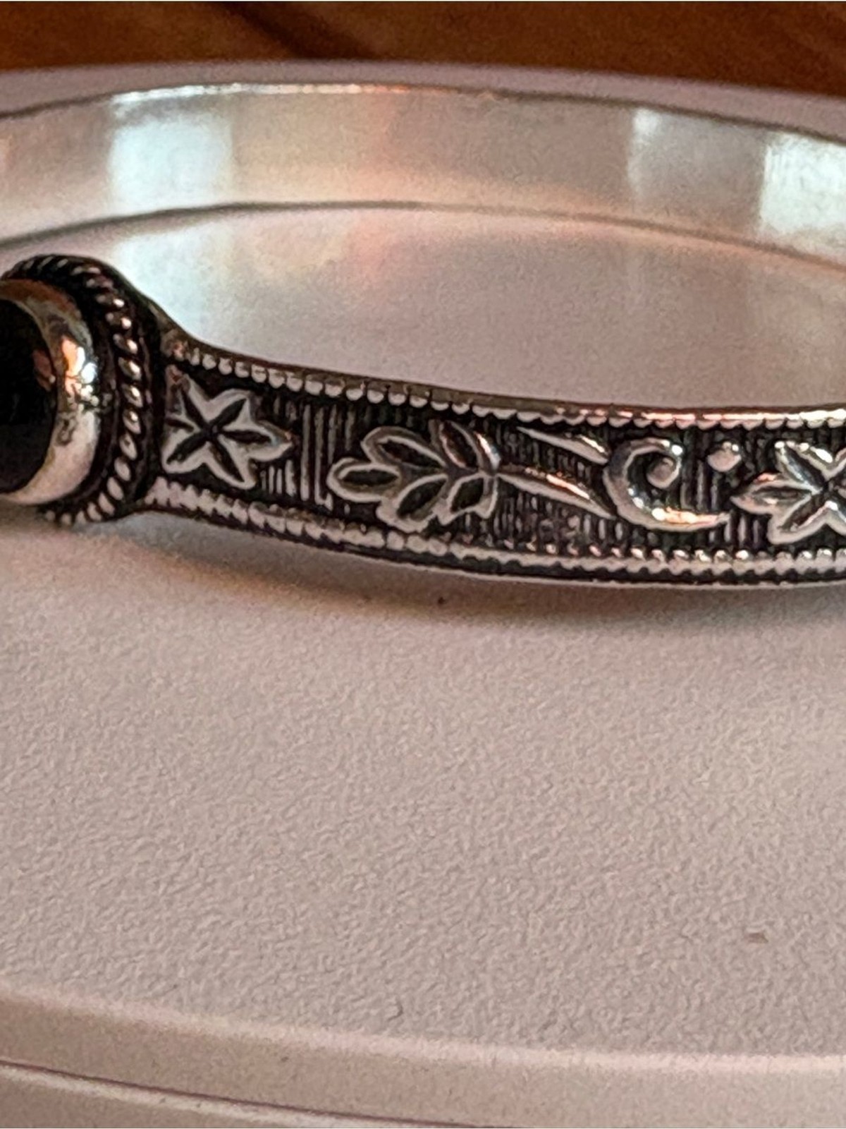 Sterling Silver Black Onyx Floral-Engraved Cuff Bracelet