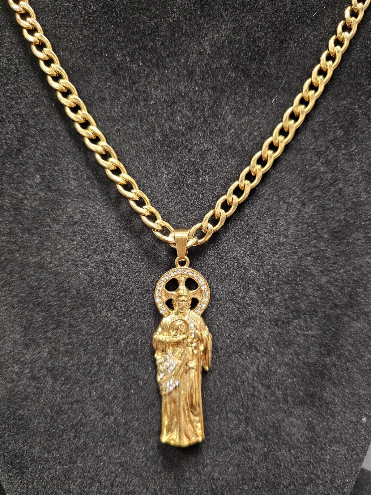 Gold Tone Religious Charm Pendant Necklace 24-inch San Judas.