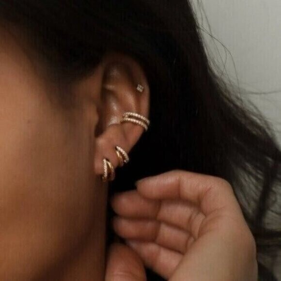 Everyday Huggie Earrings Double Huggies Gold CZ Pave Dainty Small Gold Hoops