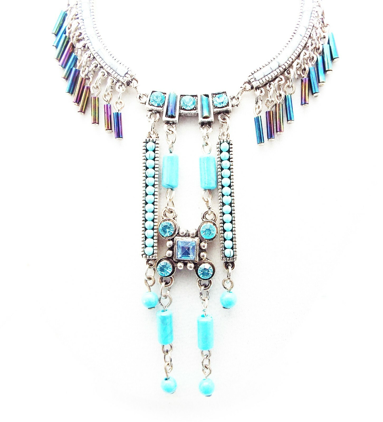 DESIGNER INSPIRED BLUE FAUX TURQUOISE CRYSTAL ACRYLIC SILVER NECKLACE SET NEW