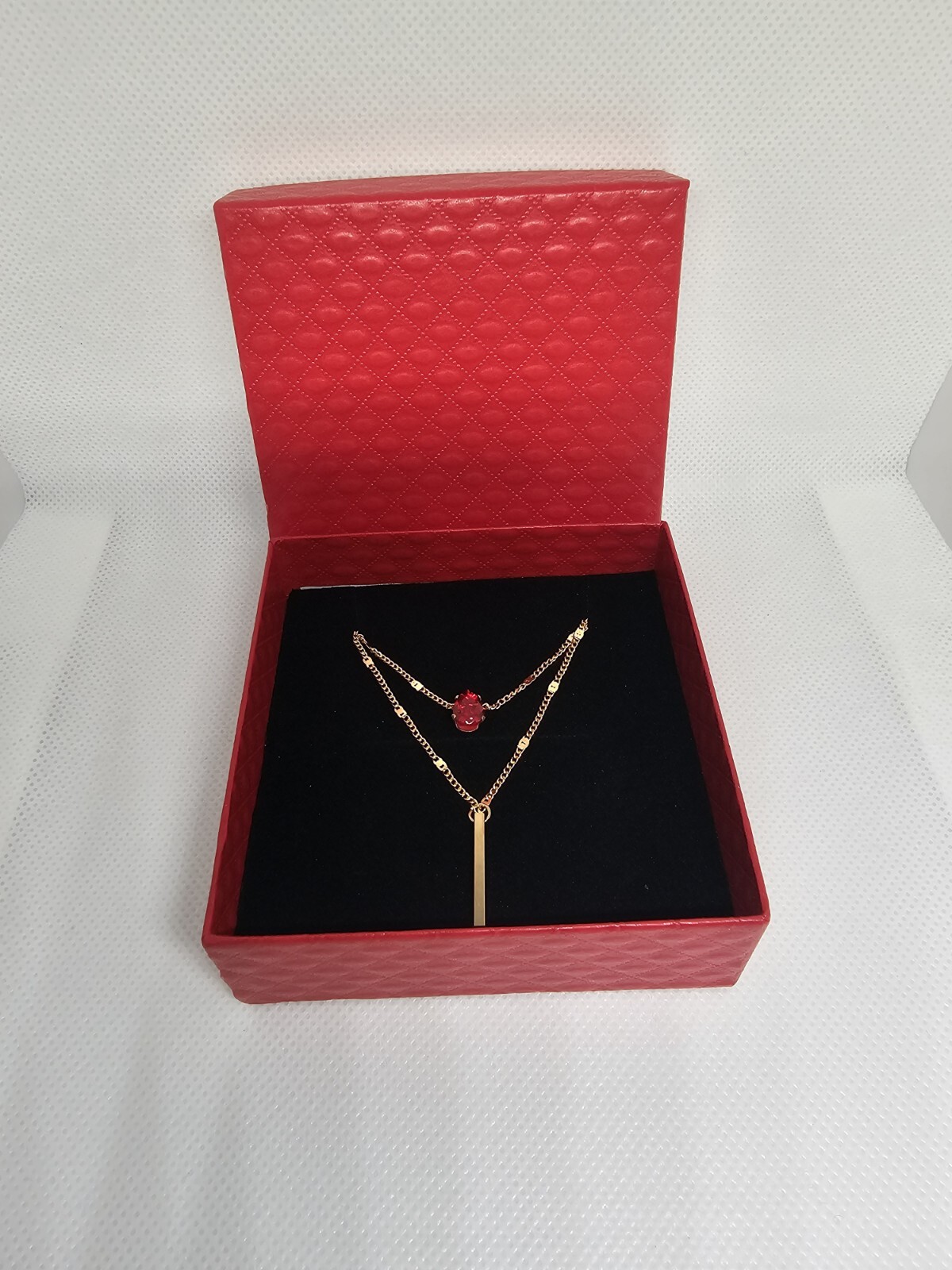 Everyday wear casual ladies Y-drop necklace jewellery red stone gold gift box
