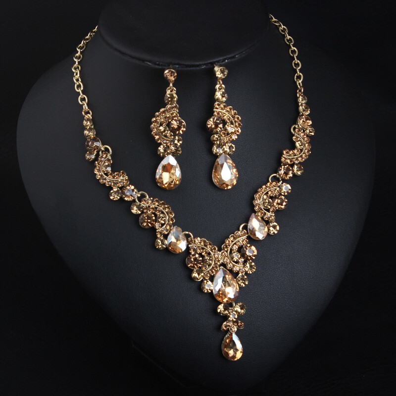 Wedding Bridal Crystal Necklace Earring Jewelry Set Women Evening Party Gifts