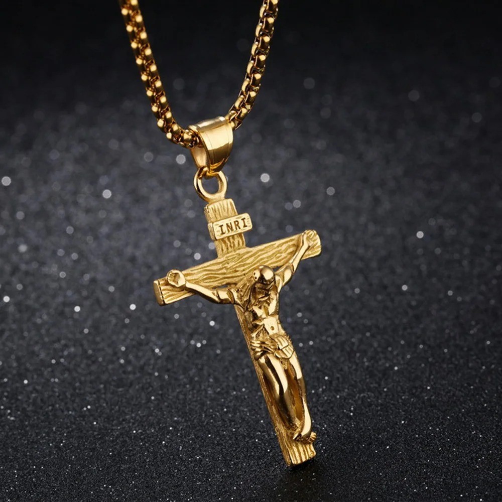 Men Stainless Steel Jesus Christ Crucifix Cross Pendant Chain Necklace