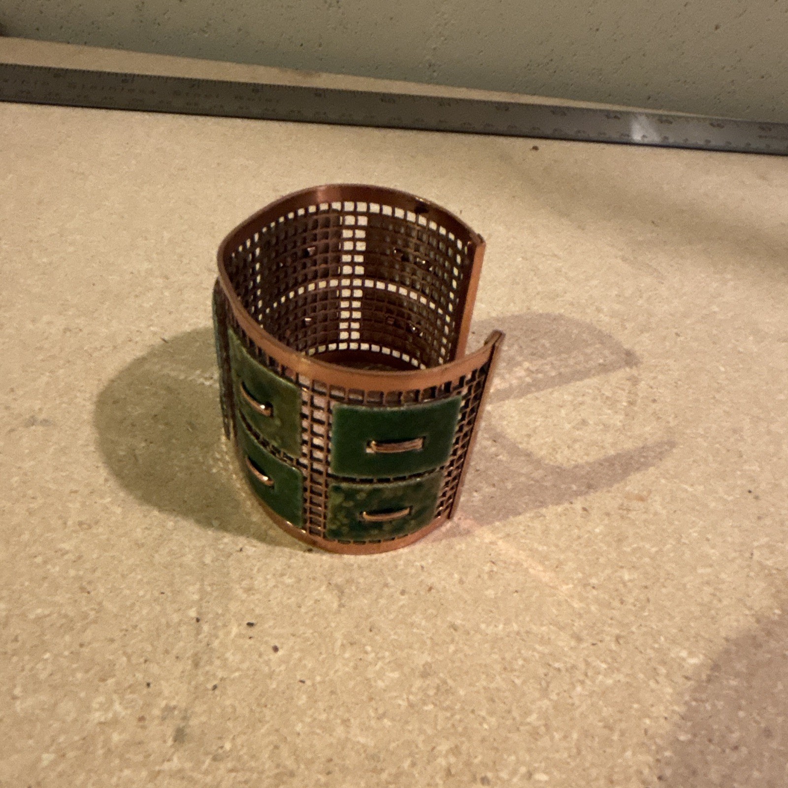 vintage Matisse Renoir copper cuff bracelet featuring vibrant green enamel