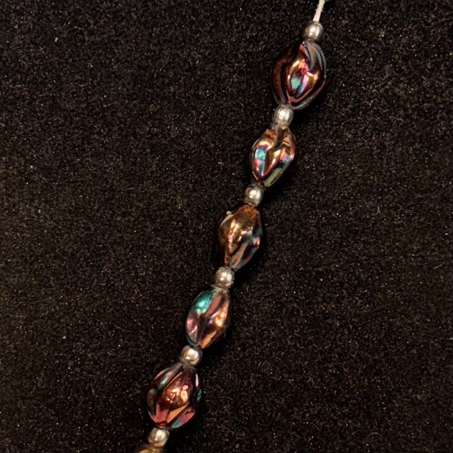 NECKLACE iridescent bronzetone glass beads brasstone metal bead 6 strand 22 1/2″