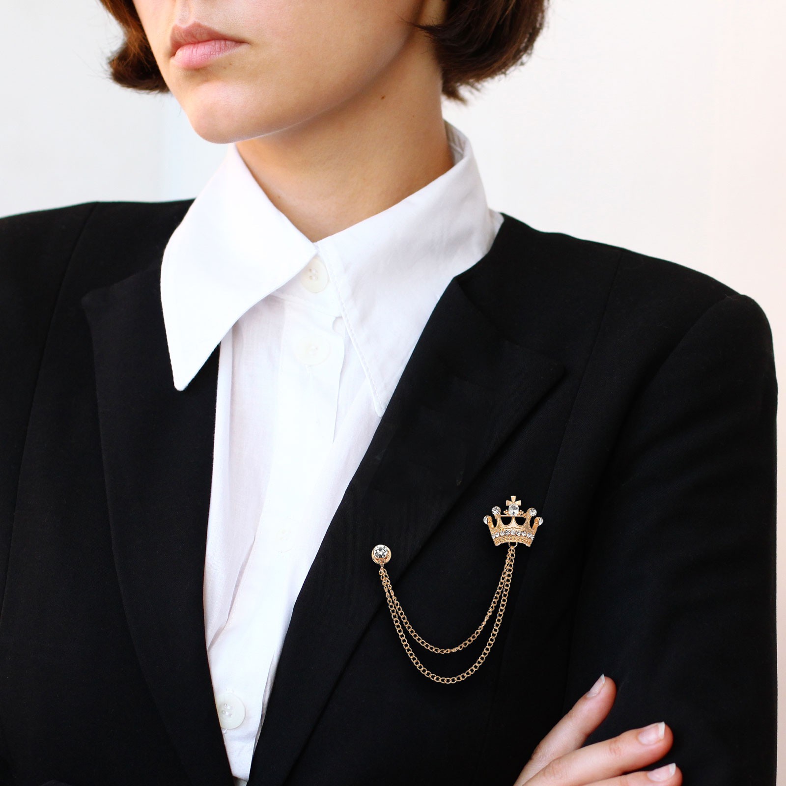 Crown Hanging Chain Brooch Pins Rhinestone Suit Pins Gold Tone White