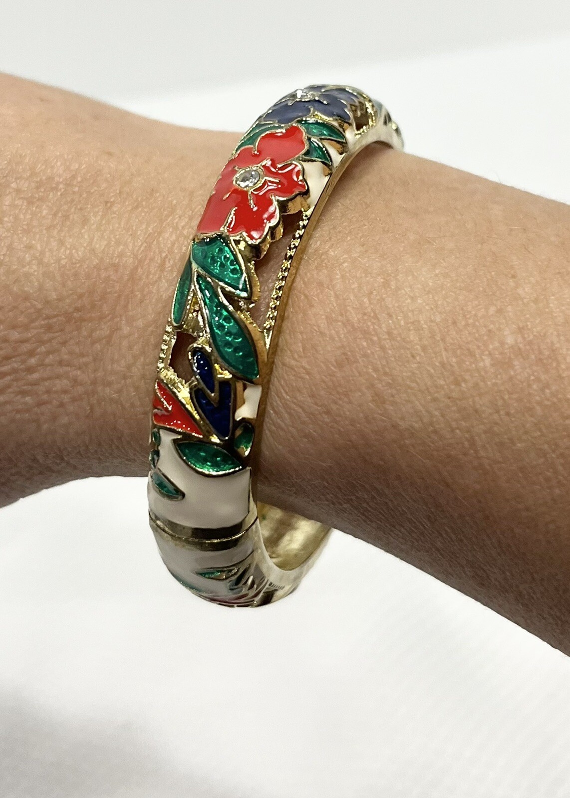 Holiday Bangle Enamel Bracelet Floral Christmas Red Green Blue White and Gold
