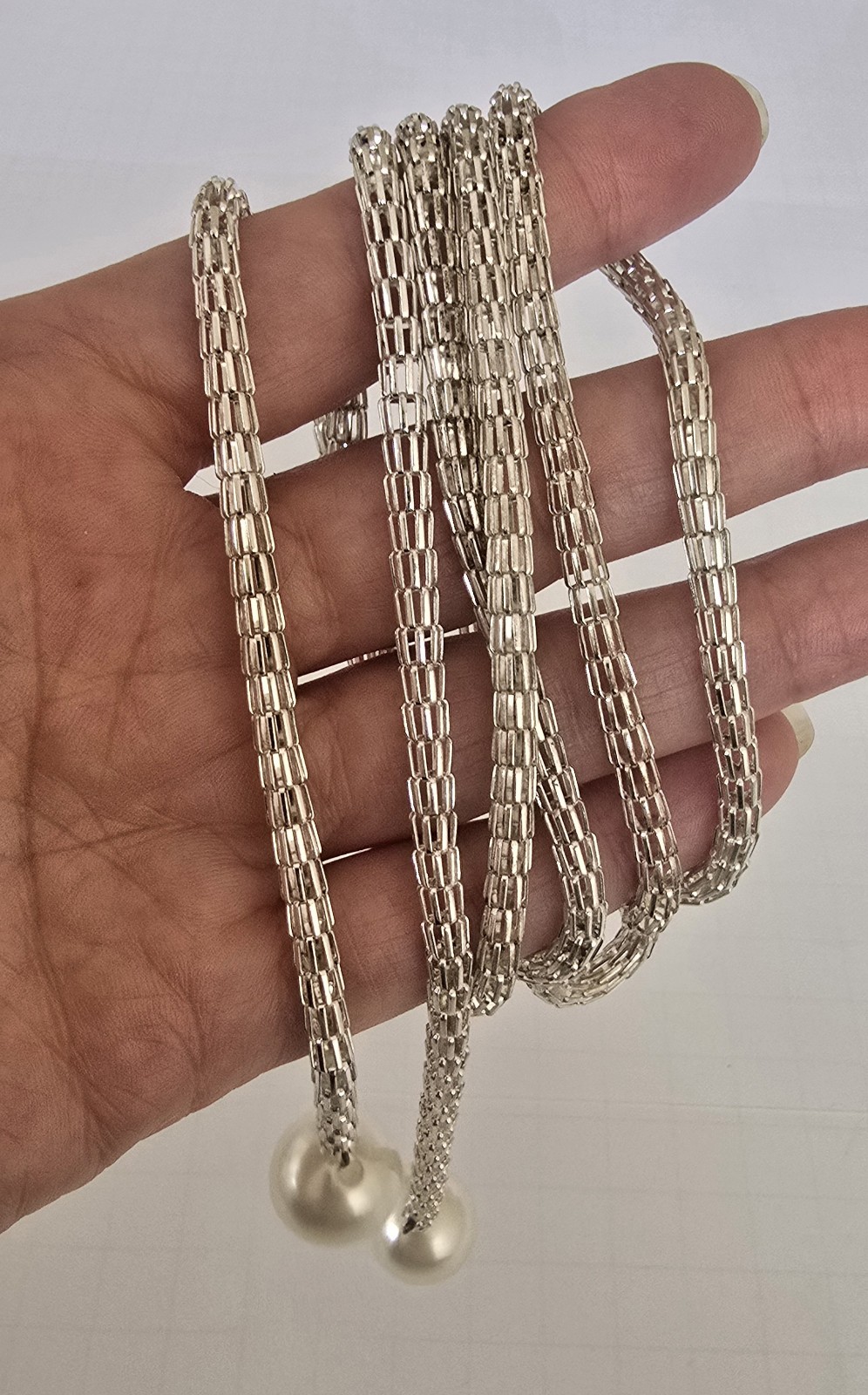 Lariat Faux Pearl Silver Tone Rope Chain Necklace