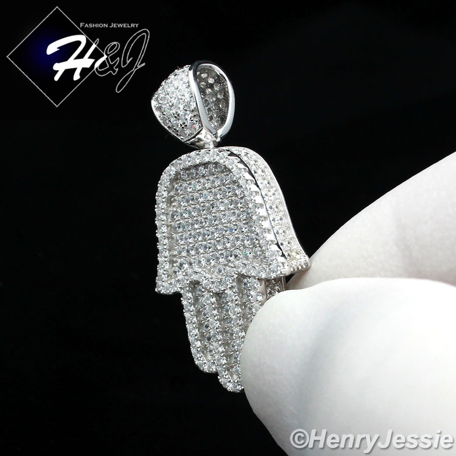 925 STERLING SILVER 24″X2MM BEAD CHAIN CUBIC ZIRCONIA 3D HAMSA HAND PENDANT*SP94