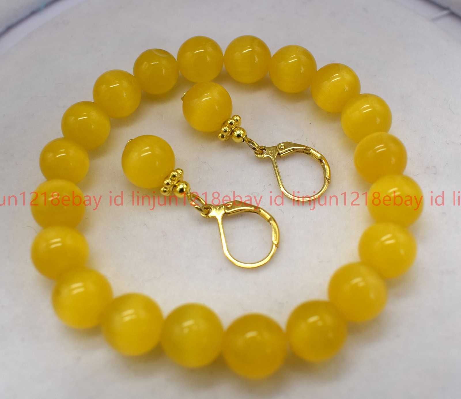 Natural 10mm Yellow Cat Eye Round Gemstone Beaded Necklace Bracelet Earrings Set