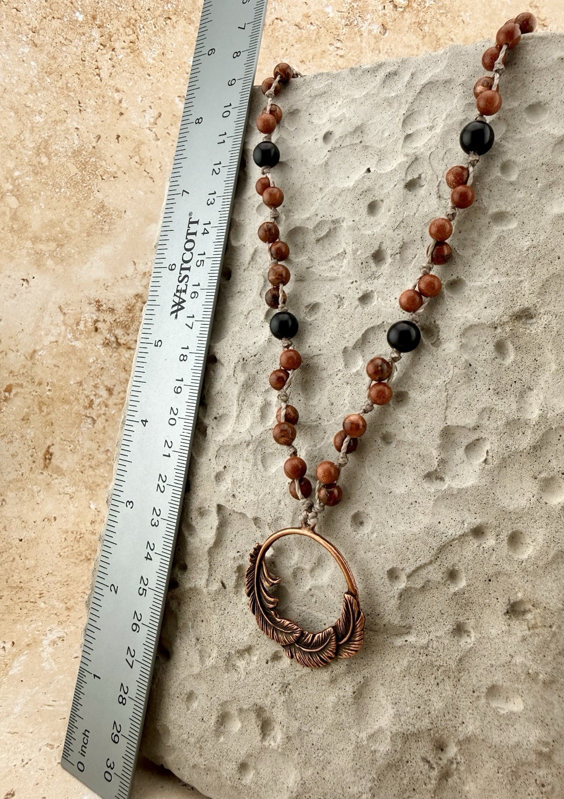 Copper Feather Pendant Necklace, Red Goldstone Crystal Ebony Wood. USA Artisan