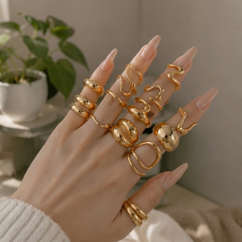 15pc Ring Set Gold Zinc Alloy Irregular Geometric Women Punk Boho Cocktail