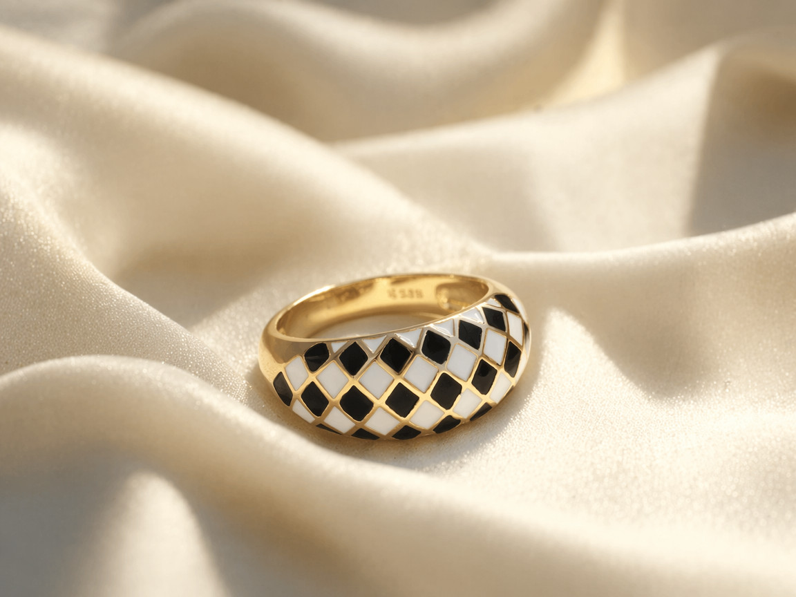 Black White Checkerboard Enamel Ring, Trendy Geometric Band, for Daily Party