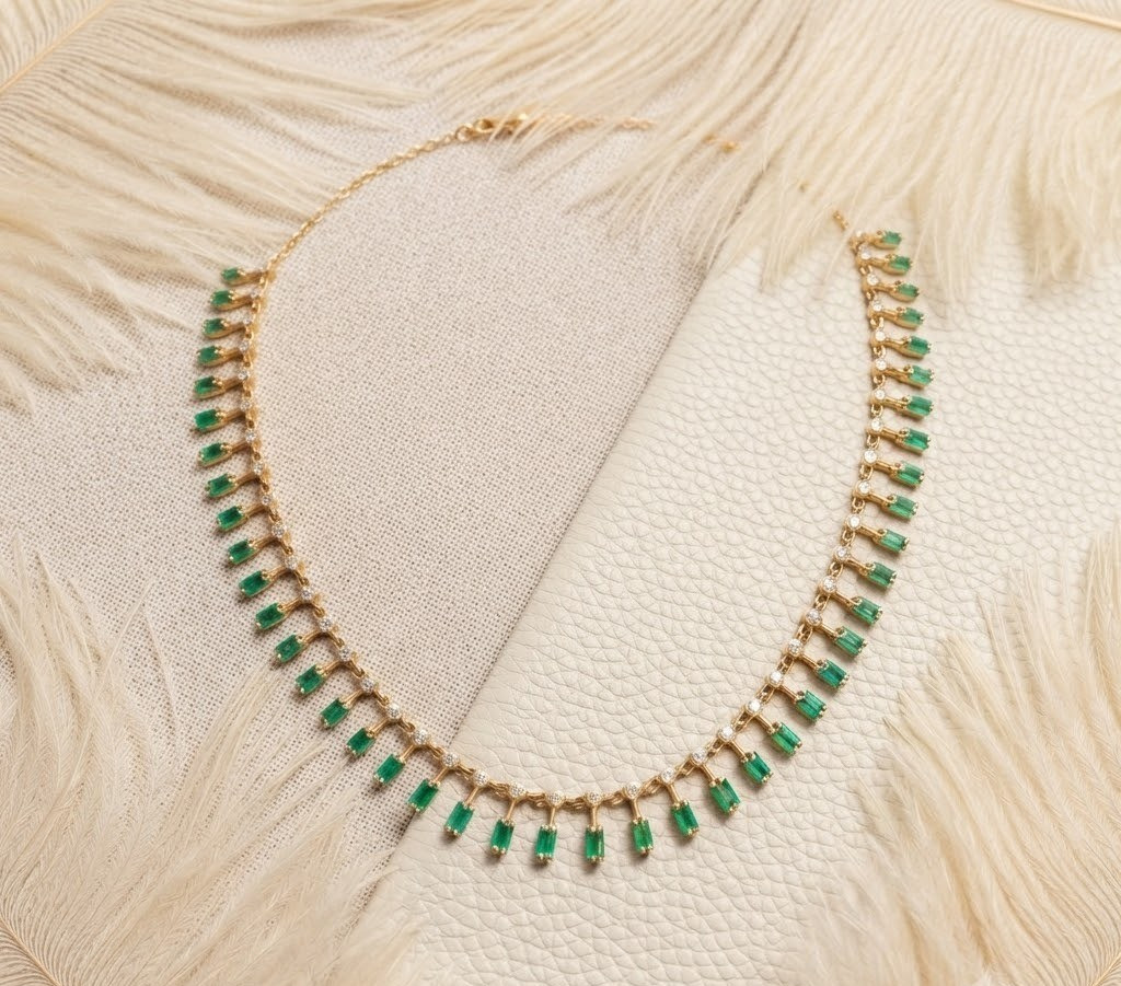 Gold Tone Emerald Green Baguette Crystal Statement Necklace 925 Sterling Silver