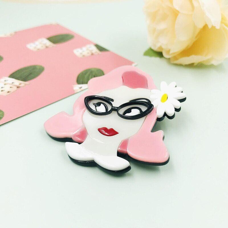 Acrylic Pink Hair Lady Brooches For Women Unisex Wear Flower Glasses Girl