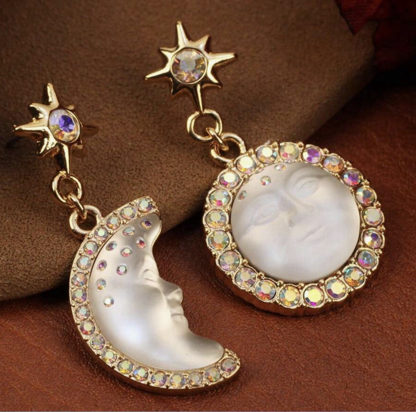 Sun Moon Star Earrings Face Mismatch Gold Deco Celestial Glass CZ Asymmetric