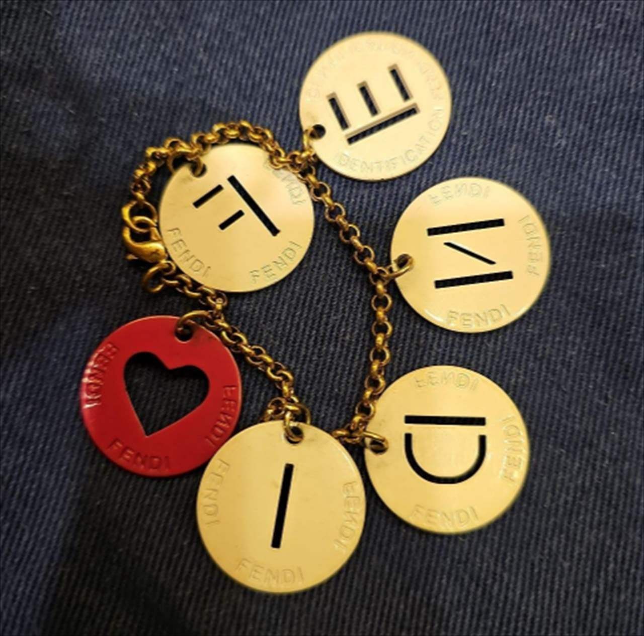FENDI Chain Bracelet Logo ID Charm Red Heart Lobster Clasp Gold Vintage
