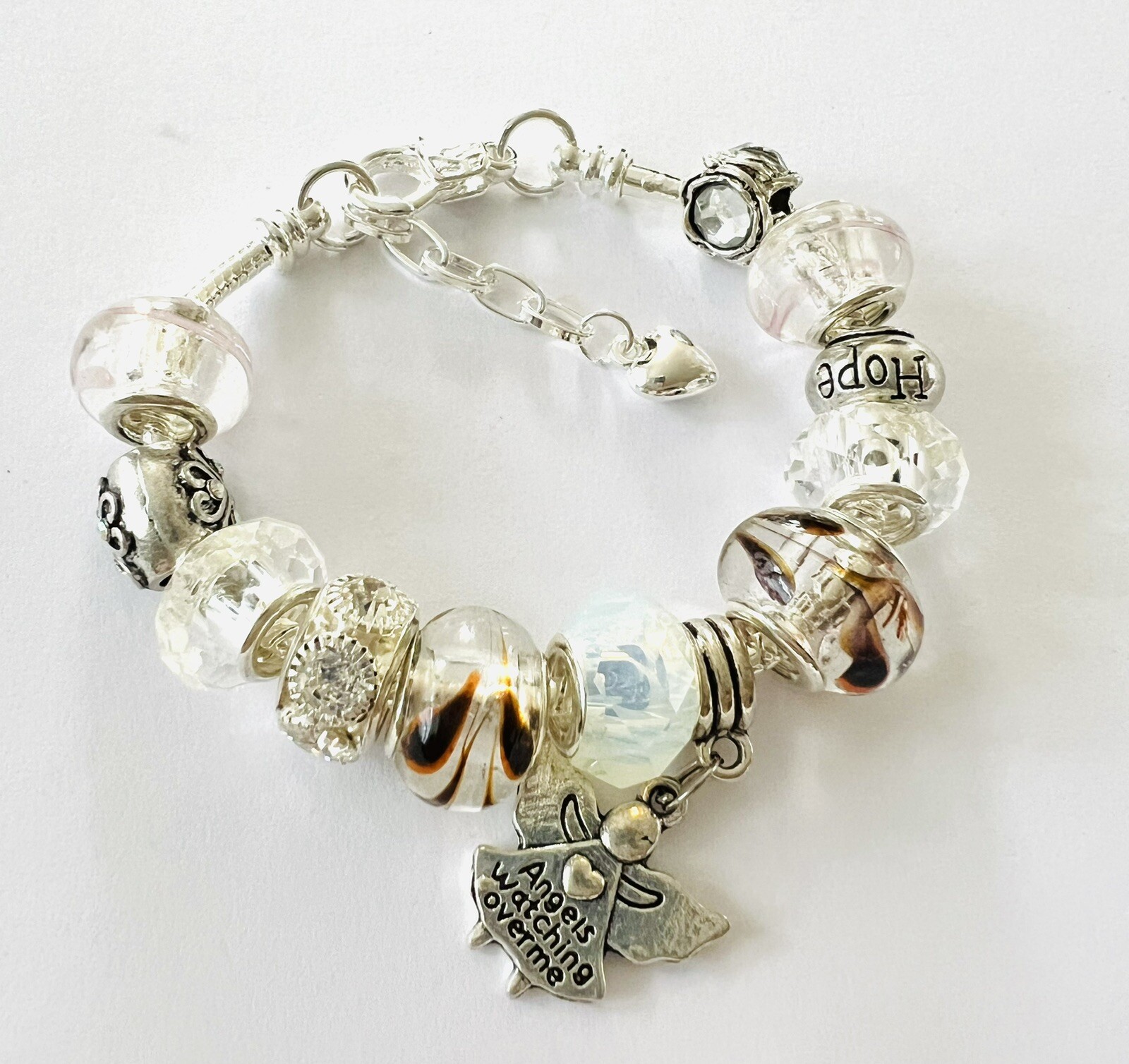 White & Silver Angel Birthday, Anniversary, European Charm Bracelet 5.5-6.5”