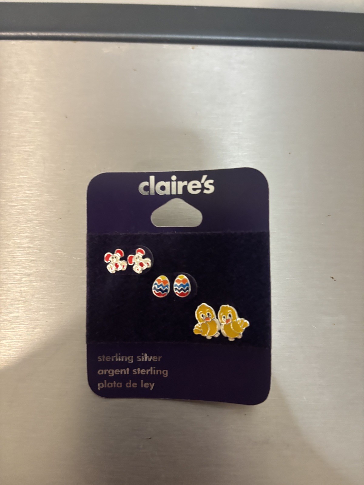 Claires Easter Sterling Silver Stud Earrings Bunnies, Eggs, Chicks. NEW 3 Pairs