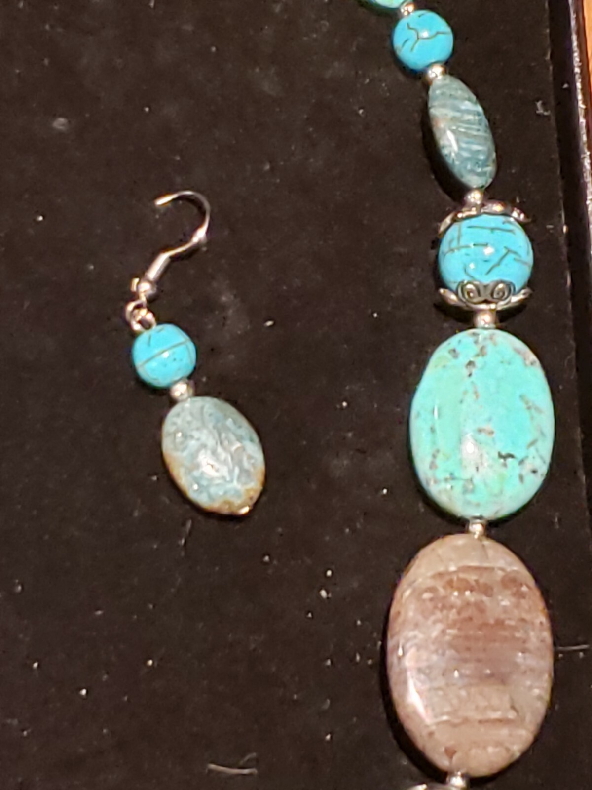 Turquoise and other Beaded Necklace and Earing Set in Box