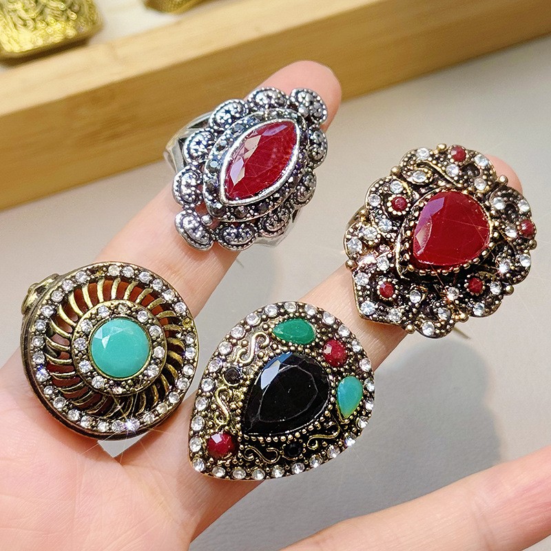 50pcsMixed Vintage Boho Rings Retro Ethnic Statement Colorful Rhinestone Jewelry