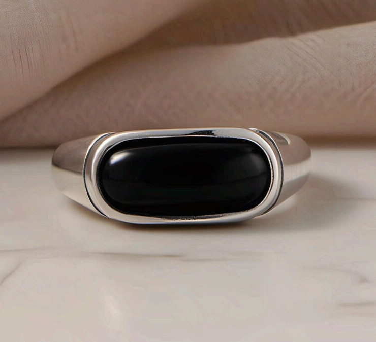 Surgical Steel Silver Fashion Ring Men Women Black Onyx Minimalist Band