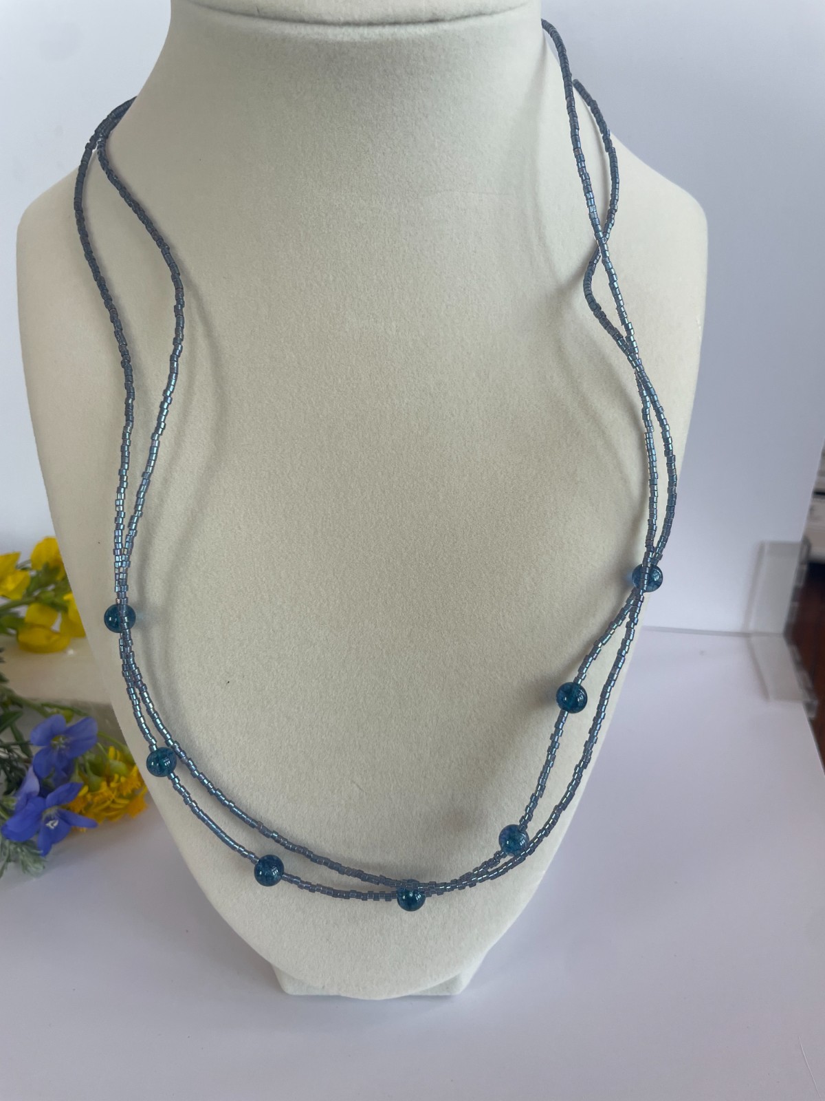 Unique Handmade Double-Strand Deep Blue/Indigo Glass Beaded Necklace