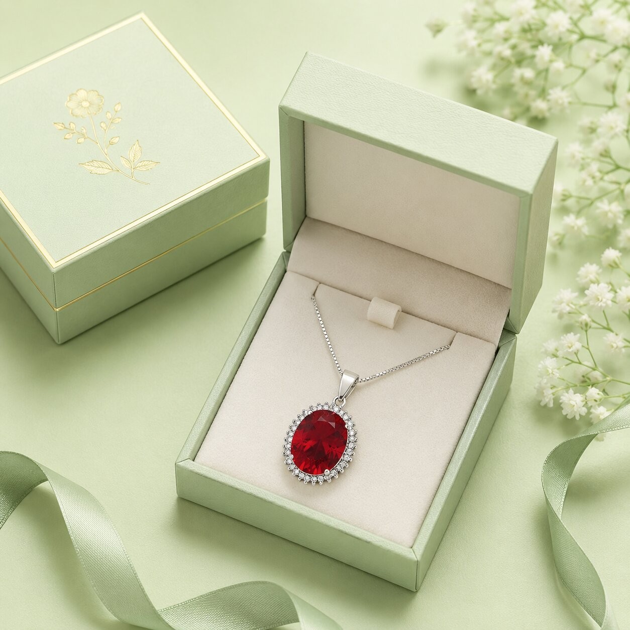 925 Sterling Silver Ruby Red Cubic Zirconia Halo Oval Pendant Necklace Charm