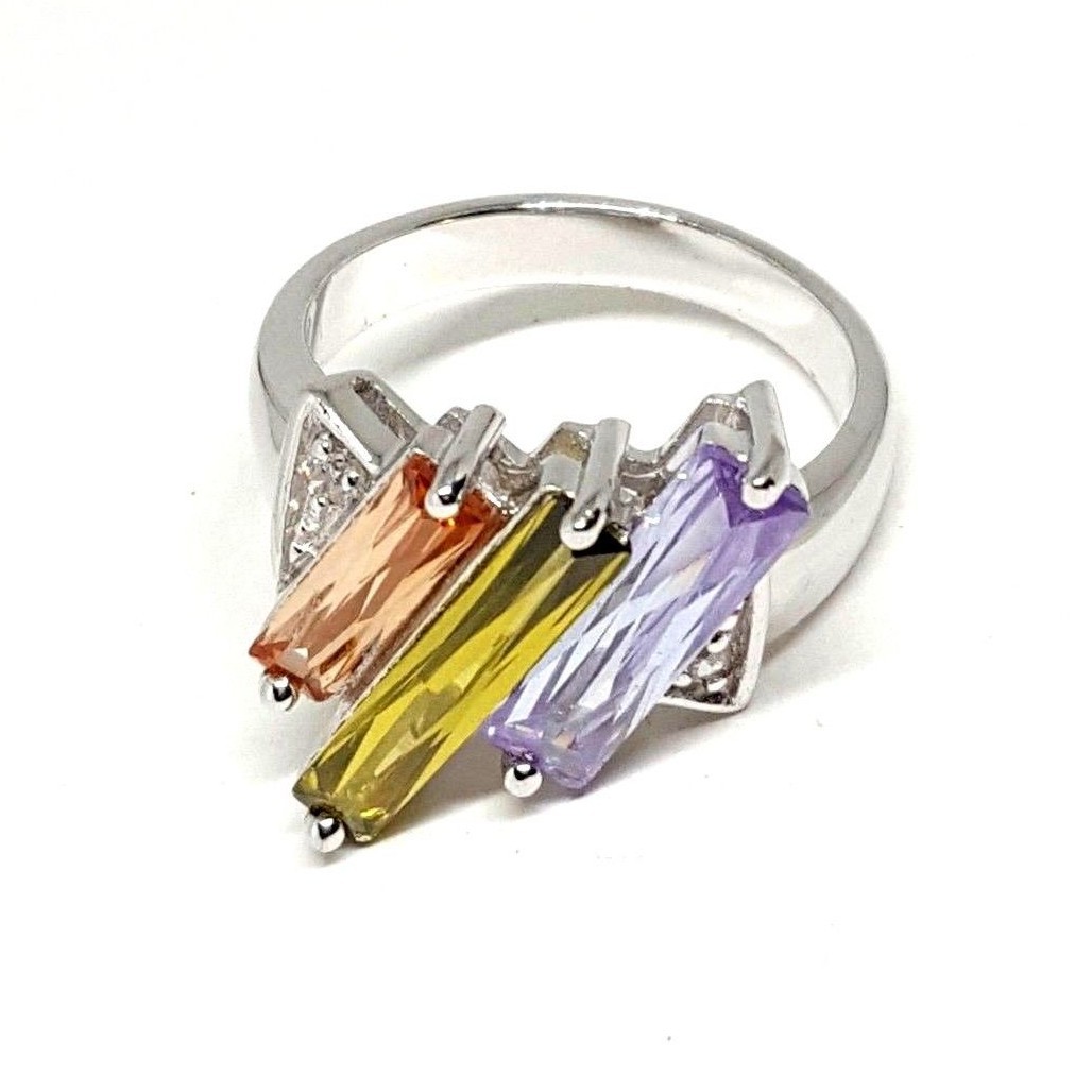 (SIZE 6,7,8,9) Colorful Slanted CZ BAGUETTE STONES RING .925 STERLING SILVER