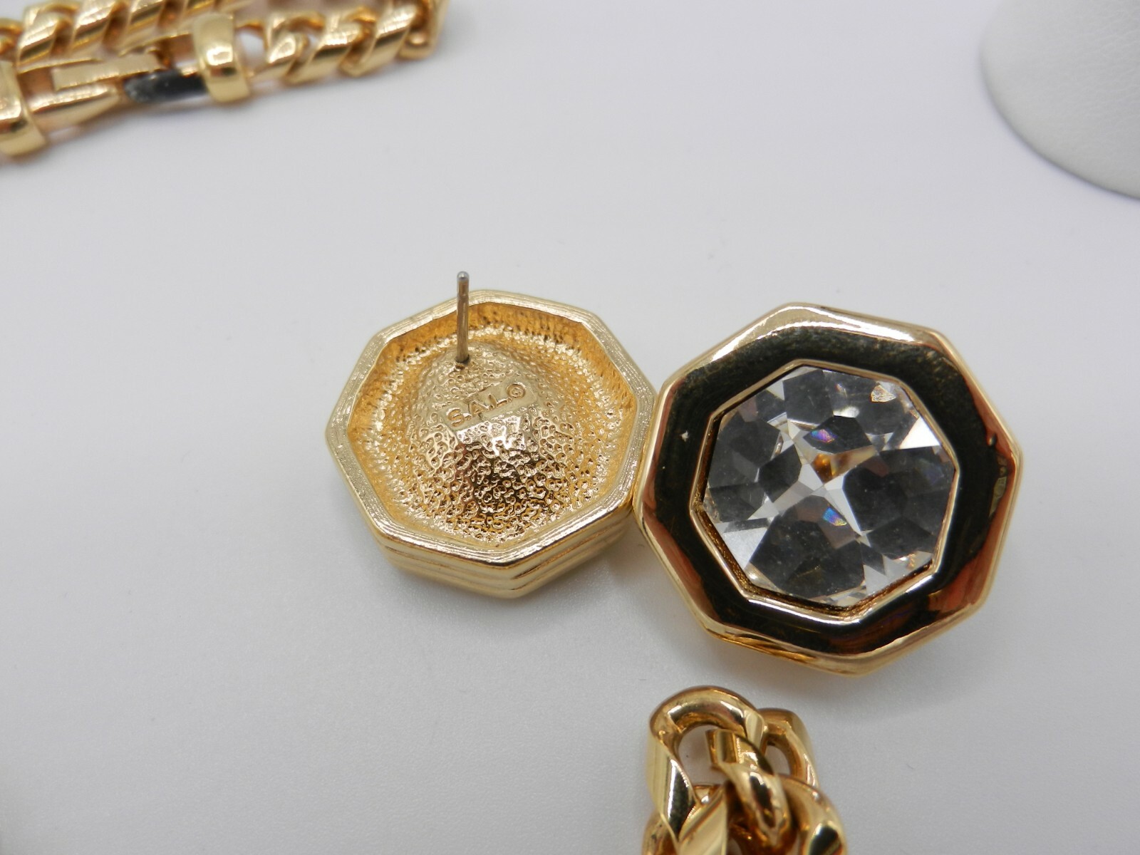 Signed Swarovski S.A.L. Crystal Hexagon Necklace & Earrings Set Gold Plated N46
