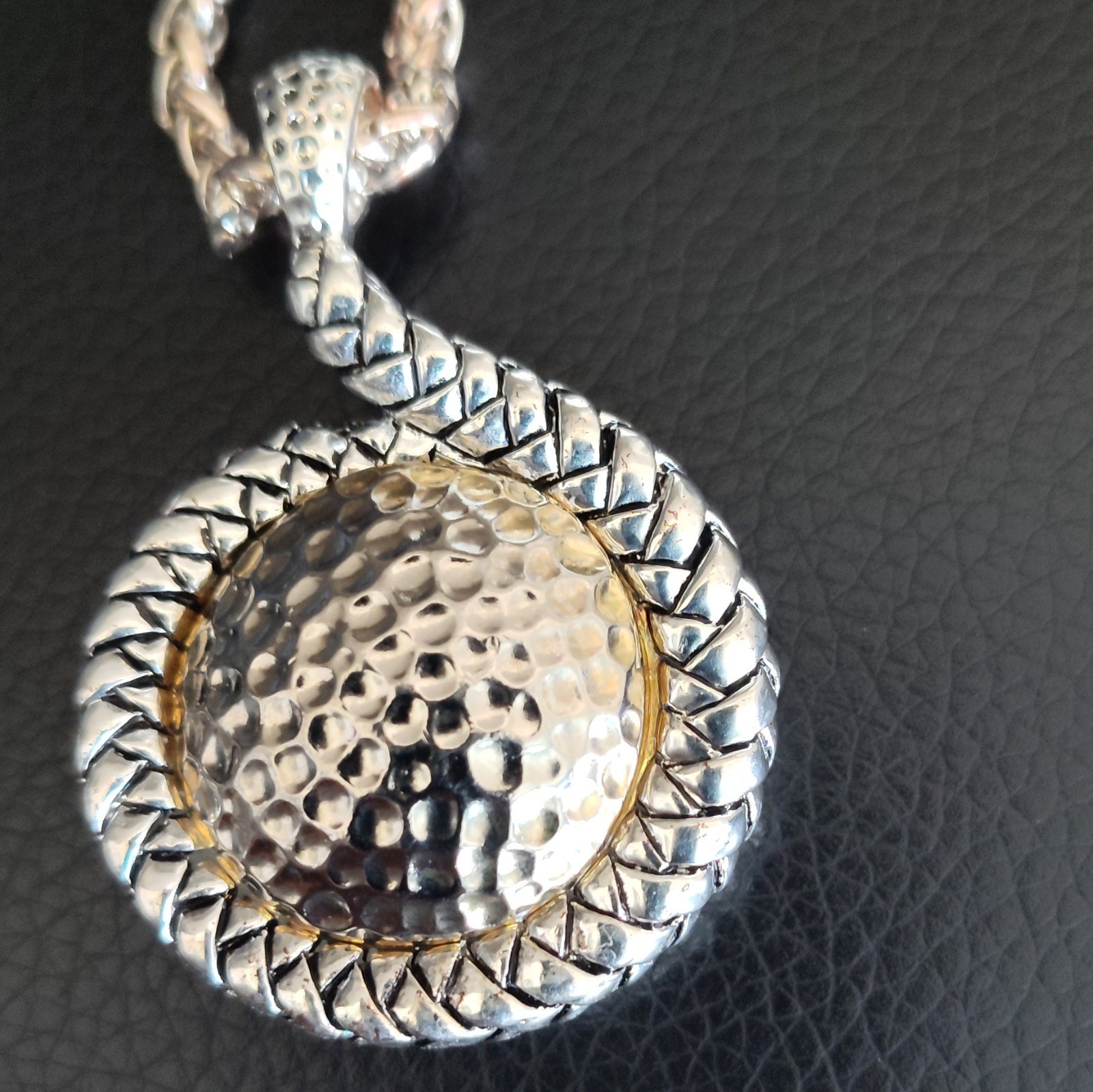 two-tone silver & gold tone round coin pendant spiga/wheat chain toggle