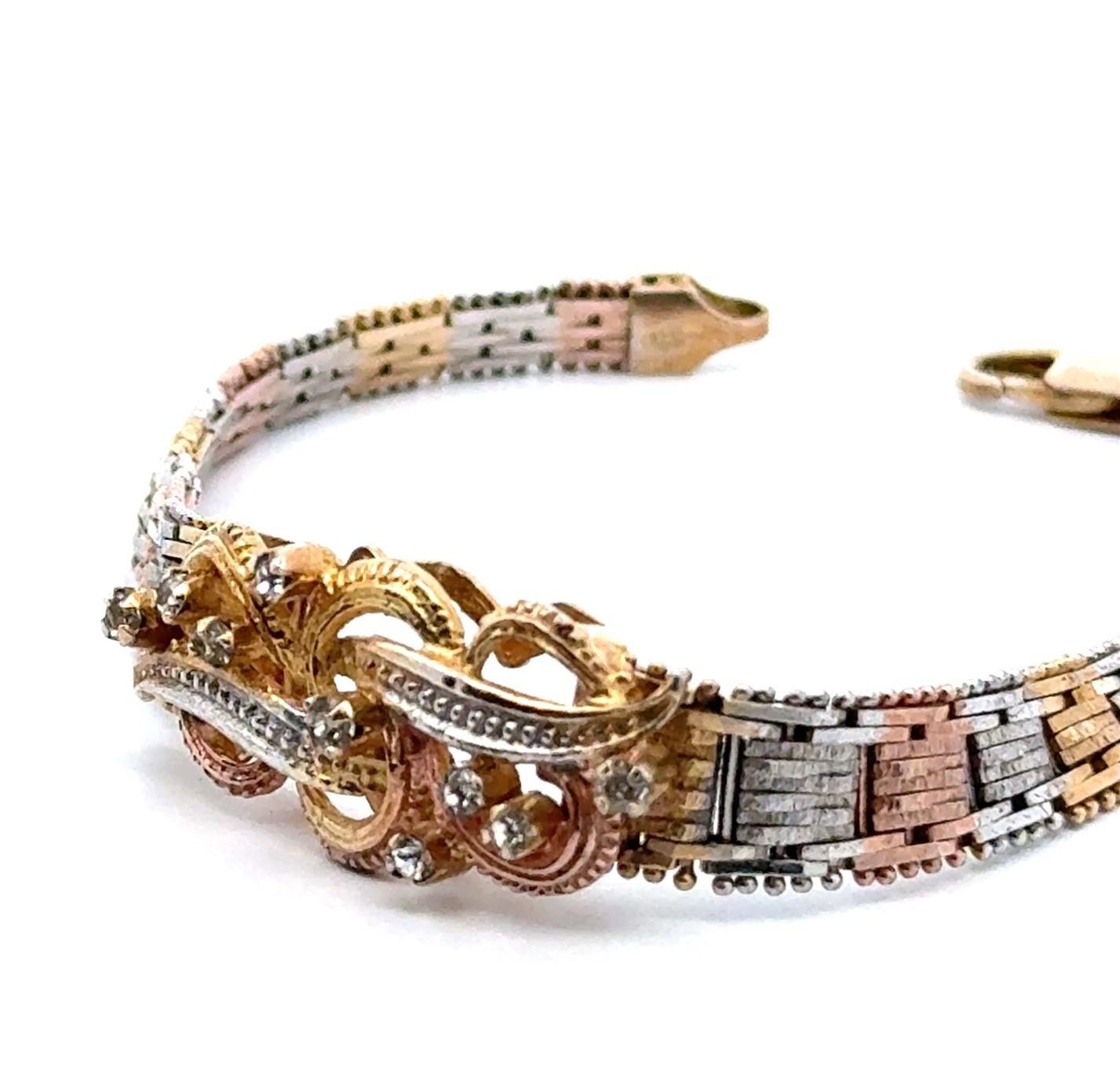 8” 925 Sterling Silver Tri Color Gold Plate CZ Riccio Bracelet, 16.8g