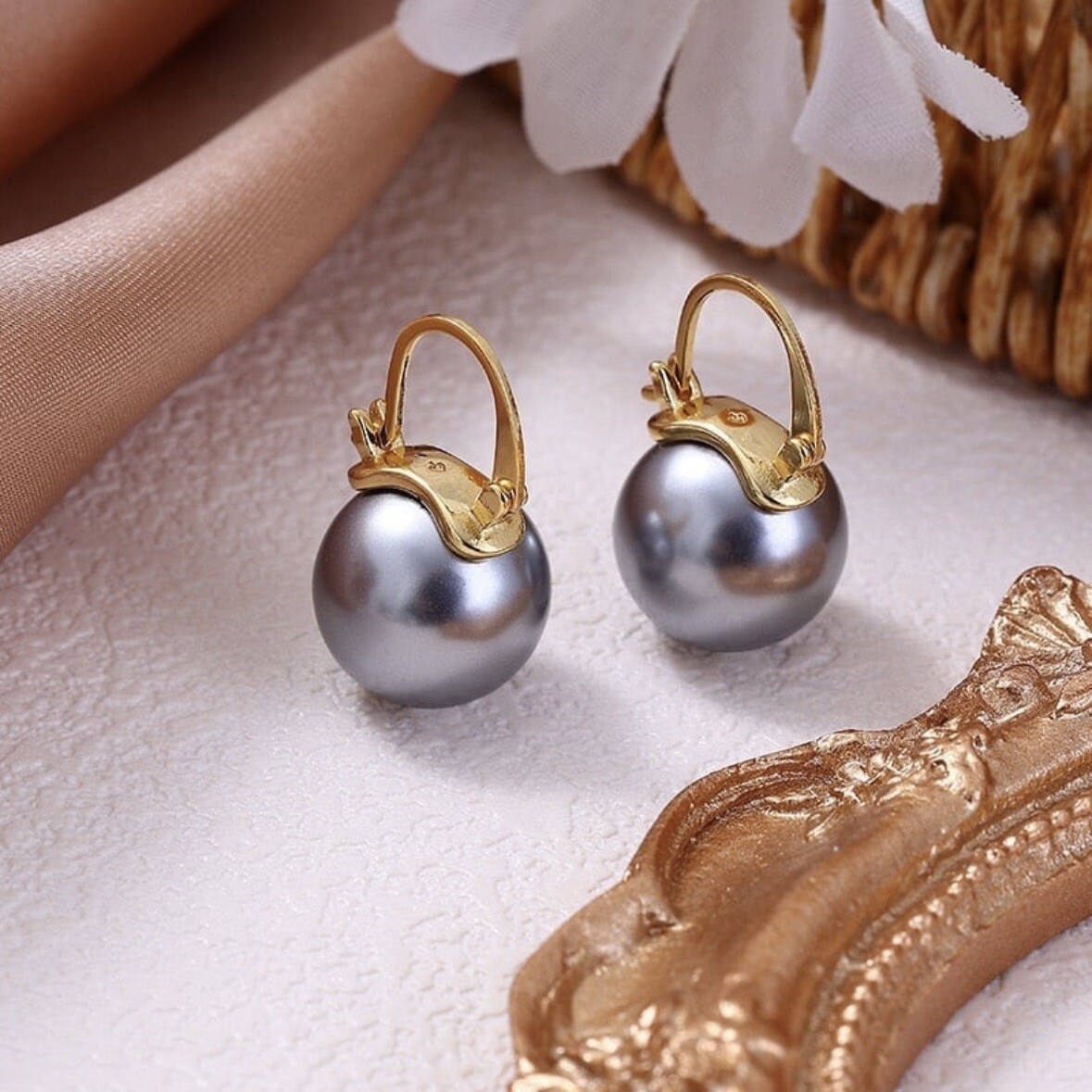 Gray Pearl Dangle Drop Earrings for Women