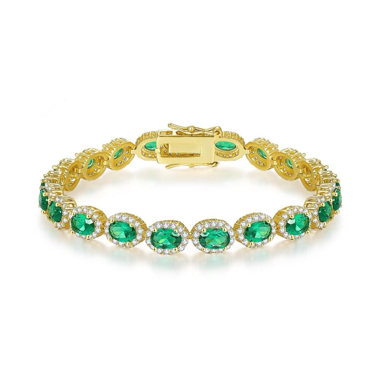 925 Silver Emerald Green Oval Halo Tennis Bracelet Crystal Link Bracelet Women