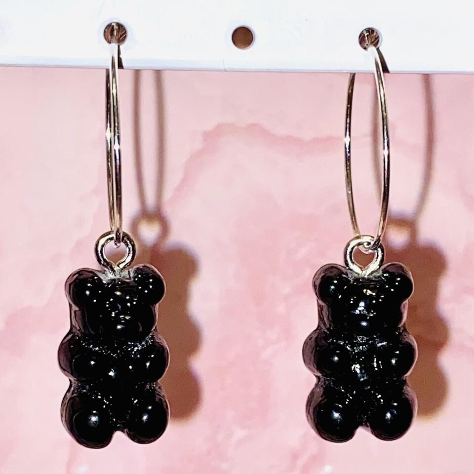 Gummy bear earrings with silver plated hoops or hooks red blue pink white black