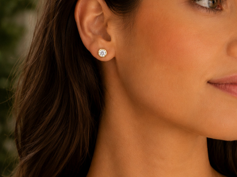 14K Gold Plated Bezel Stud Earrings Round CZ Solitaire Women Jewelry Gift