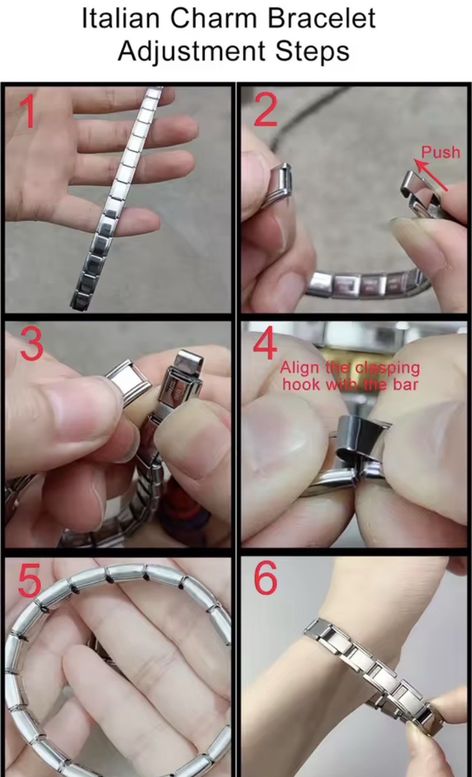 Italian modular stainless steel adjustable charm bracelet, 9mm, silver
