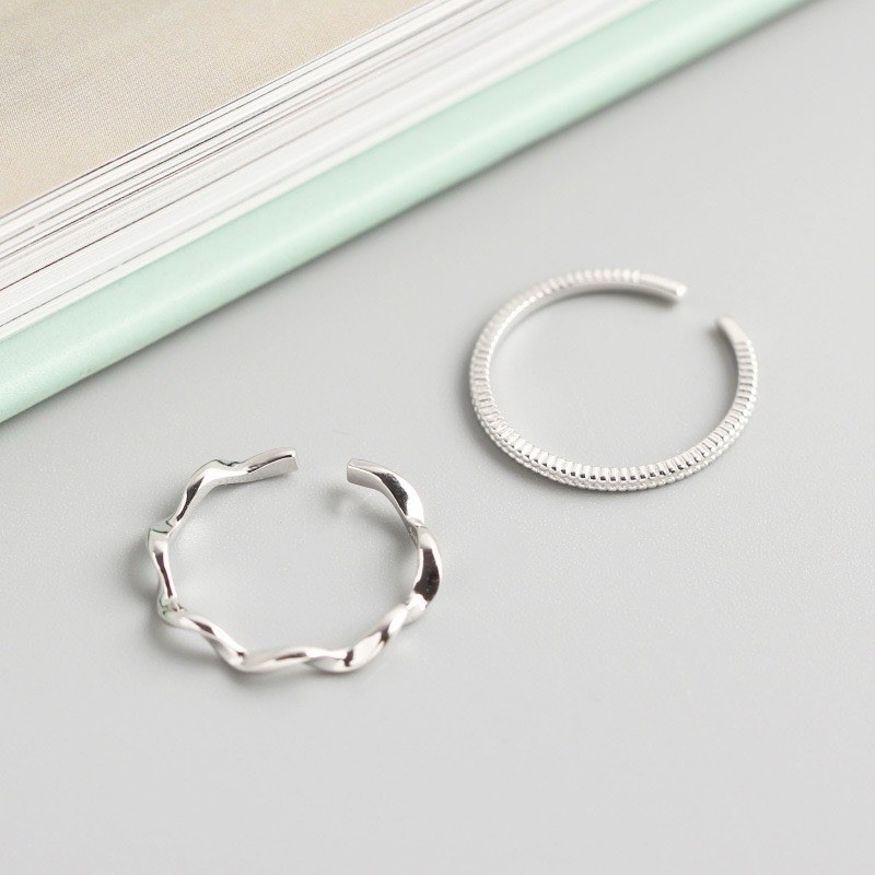 mylone 2pc 900 Silver Tone Open Adjustable Band Rings Textured & Wave 8.5