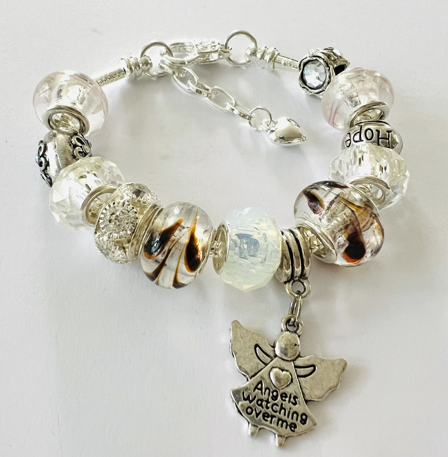 White & Silver Angel Birthday, Anniversary, European Charm Bracelet 5.5-6.5”