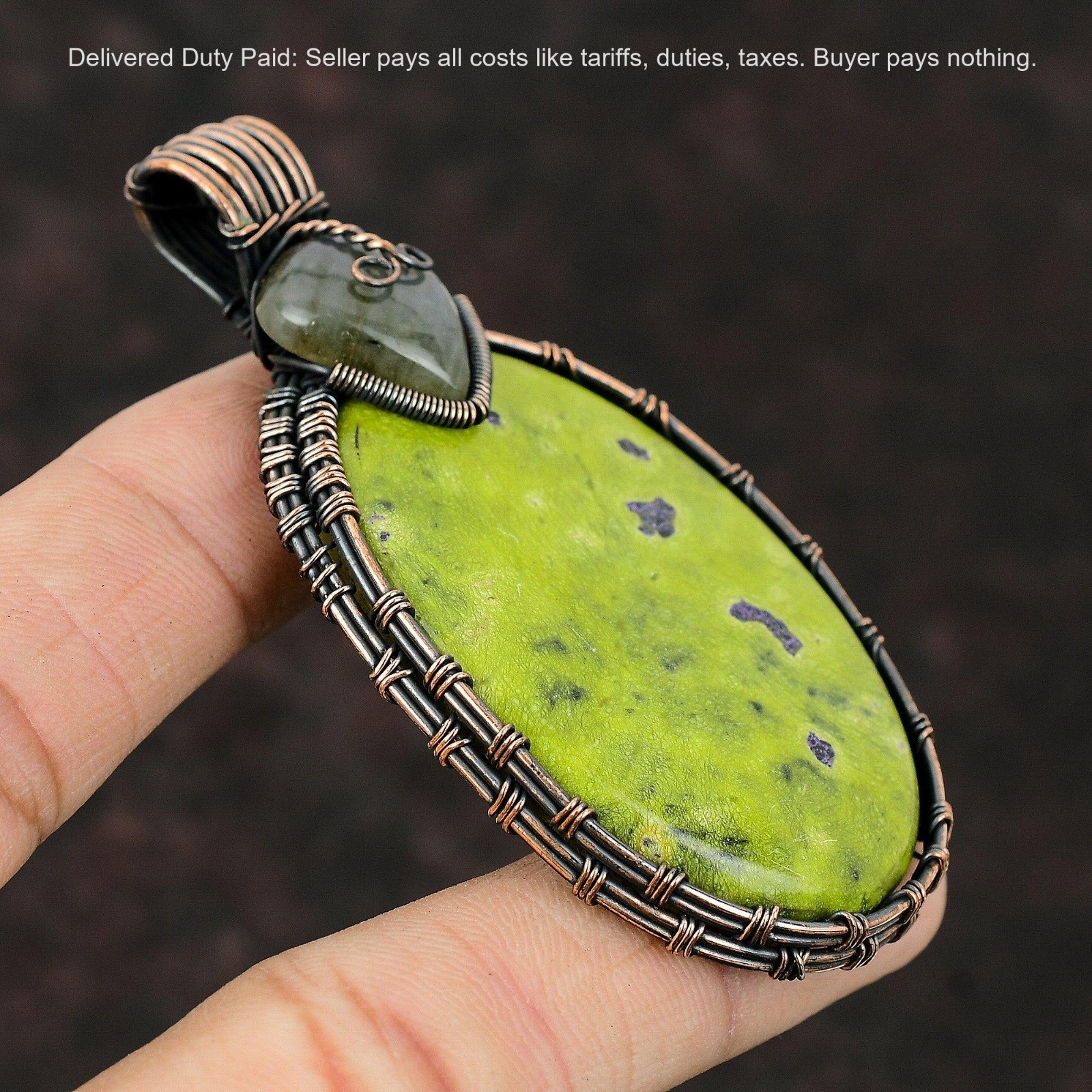 Copper Oval Stichtite Gemstone Labradorite Daughter Wire Wrapped Pendant Jewelry