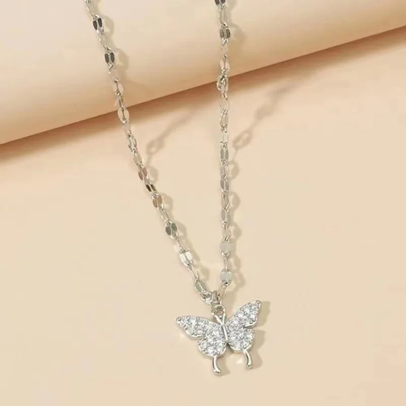 New Shiny Silver Colour Butterfly Necklace Ladies Exquisite Double Layer Clavicl