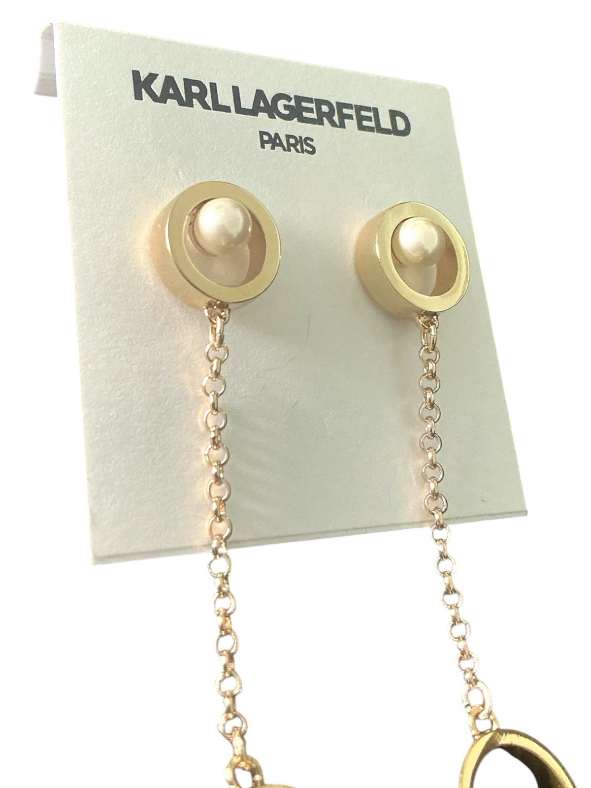 Karl Lagerfeld Paris Gold Pearl Circle Chain Drop Earrings NWT