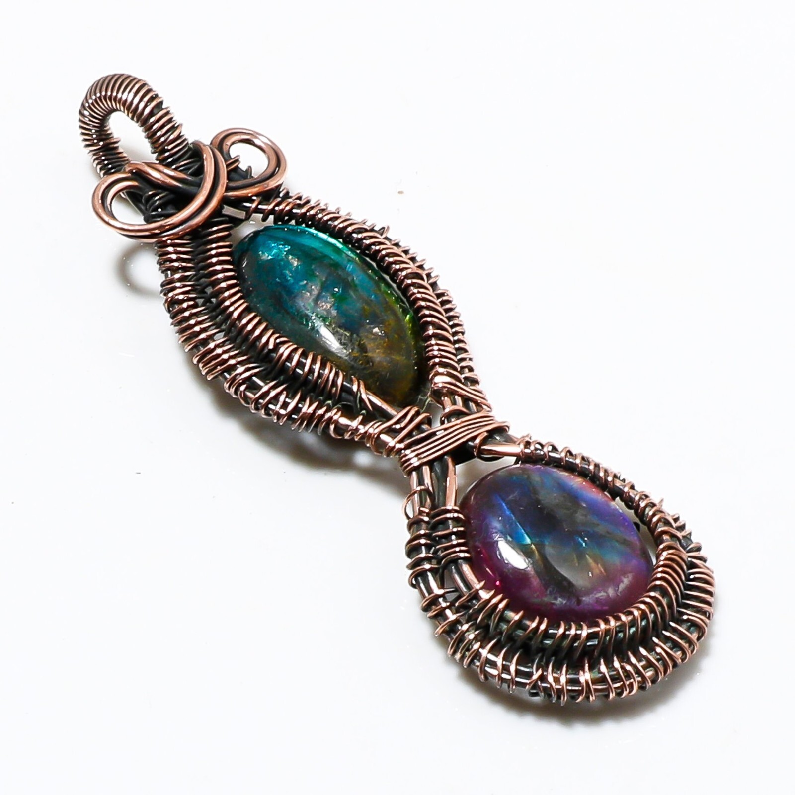Wire Warp Copper Pink Fire Labradorite Gemstone Pendant Jewelry Size 3 Inches