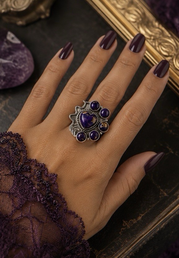 Beautiful Purple Spiny Stones Ring In Sterling Silver Size 7-9