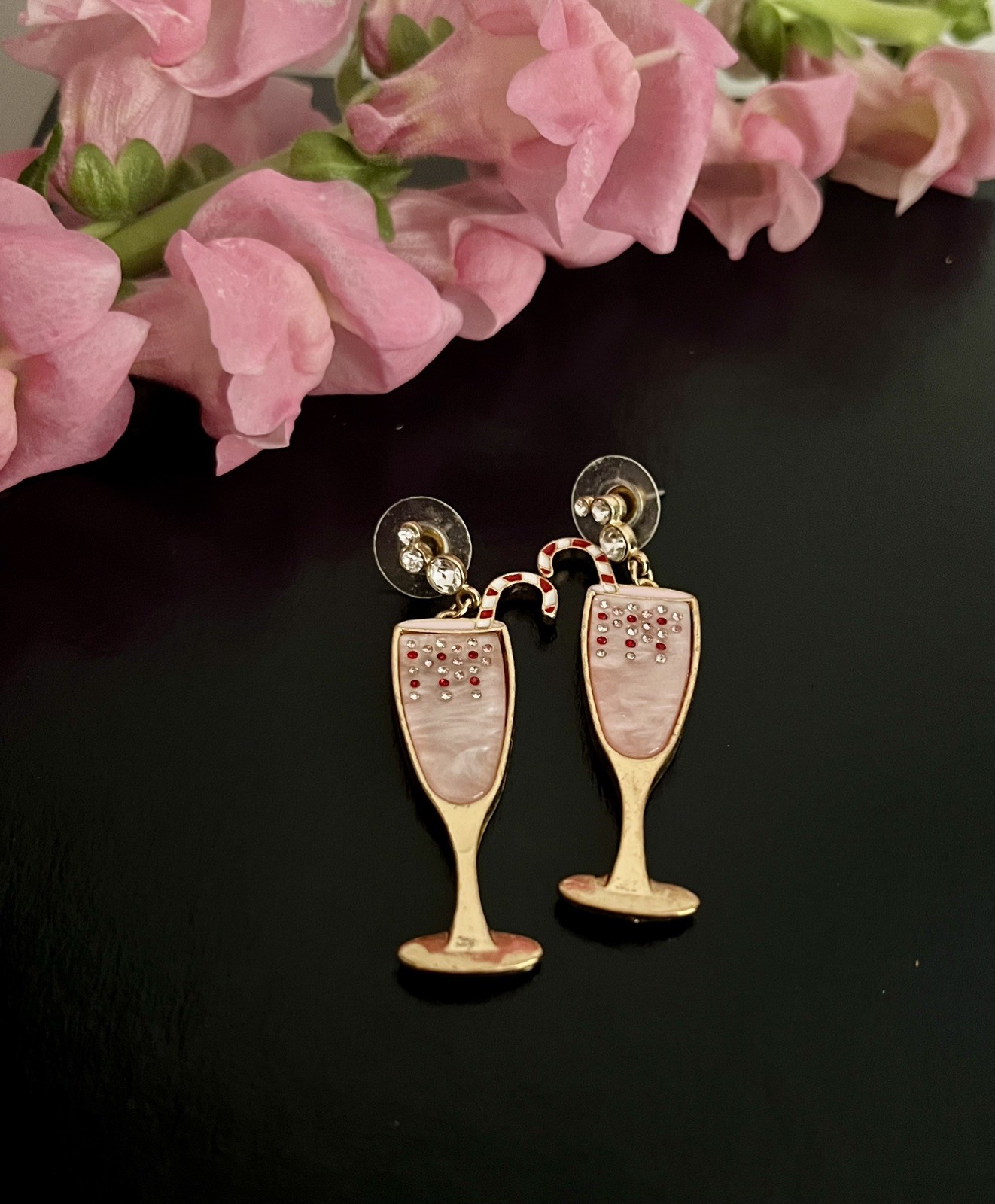 Torrid Champagne Flute Dangle Earrings Pink Rhinestone Holiday 2.5” EUC