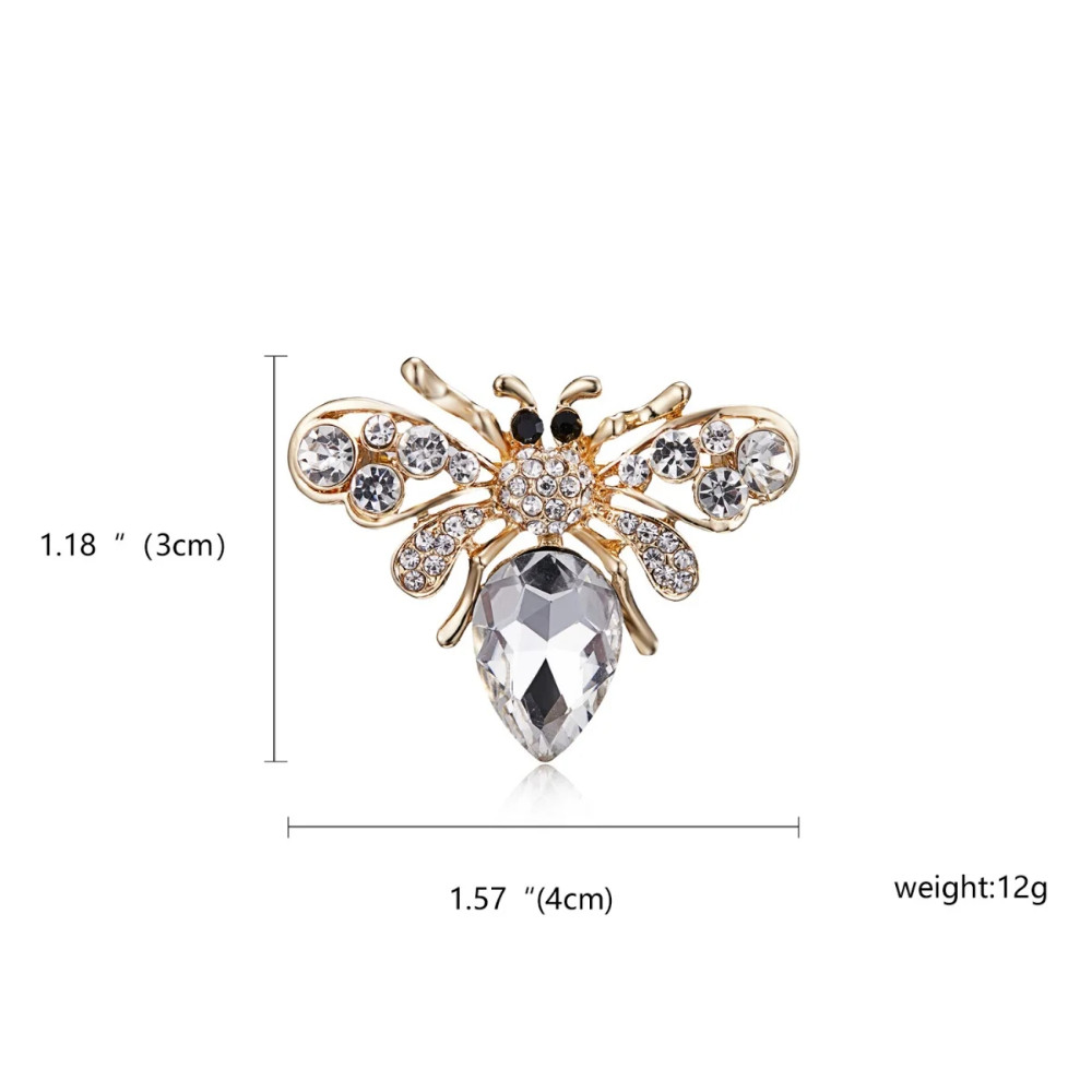 White Crystal Bee Brooch Pin – Rhinestone Gold Tone Insect Jewelry Summer Gift
